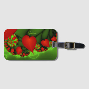 Étiquette À Bagage Red Hearts Lime Green Modern Abstrait Nom fractal