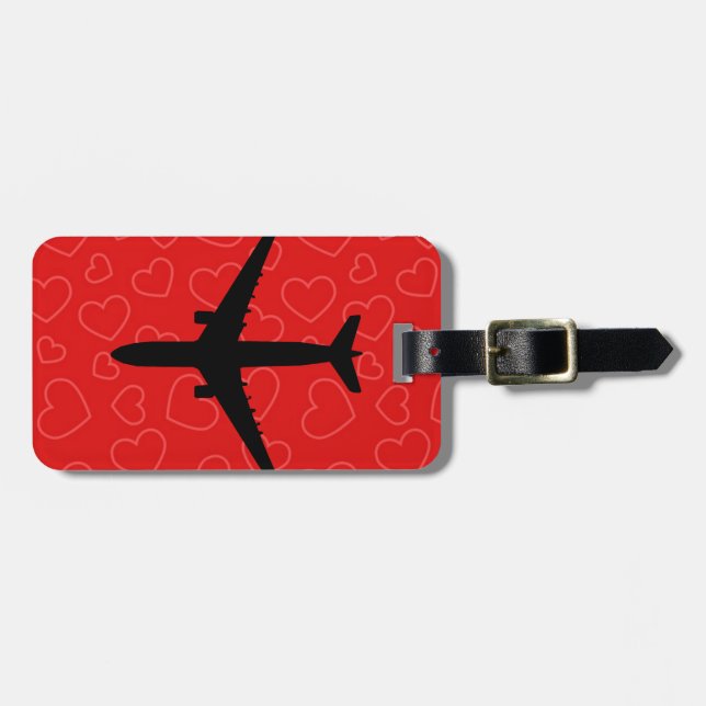 Étiquette À Bagage Red Hearts Valentine motif avec avion (Devant horizontal)