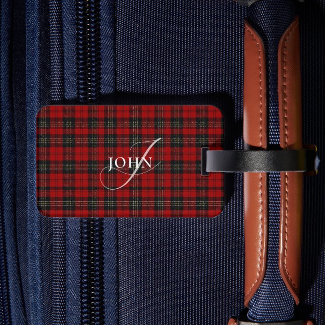 Étiquette À Bagage Red Rustic Plaid Chic Typography Monogrammed (Verso Insitu 2)