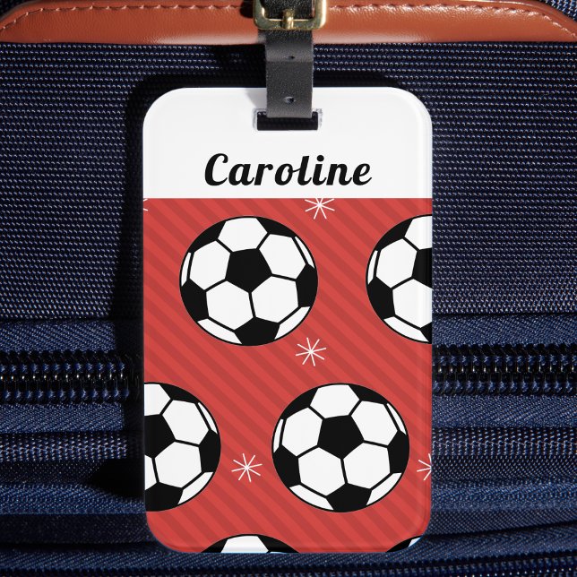 Étiquette À Bagage Red Soccer Winter Ball & Snow Striped Athlete Nom (Créateur téléchargé)