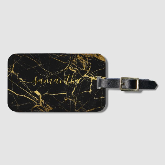 Étiquette À Bagage Remerciements pour mariage | Script en marbre noir (Devant Horizontal)