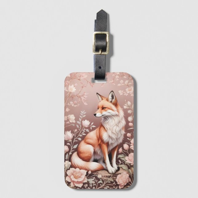 Étiquette À Bagage Renard Avec Flore Rose Rêvé (Devant Vertical)