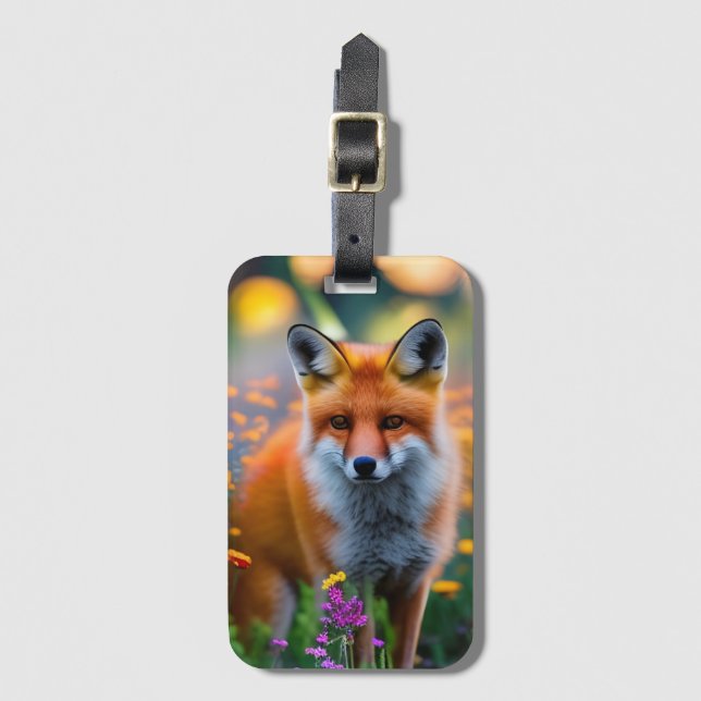 Étiquette À Bagage Renard rouge dans le champ de Fleur sauvage (Devant Vertical)