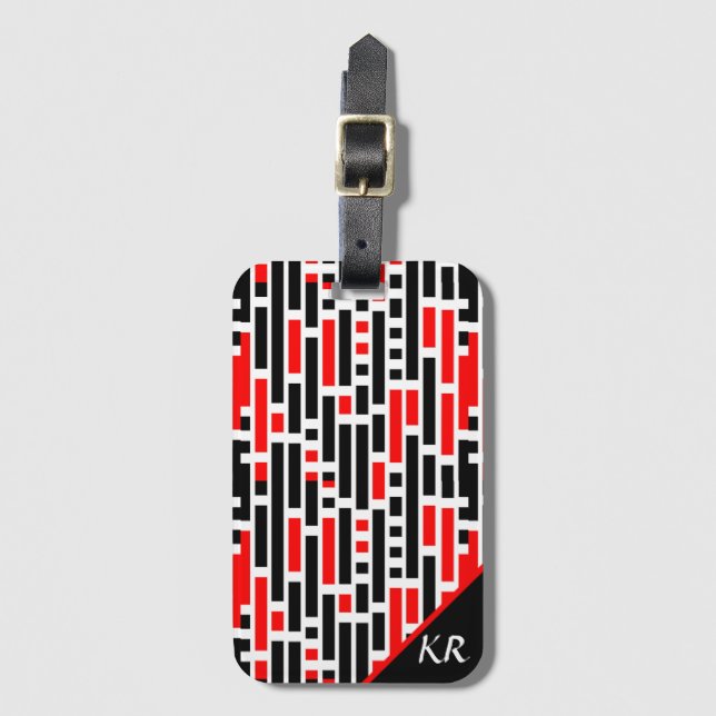 Étiquette À Bagage Retro Art Déco Rouge Noir Abstrait Motif Monogramm (Devant Vertical)