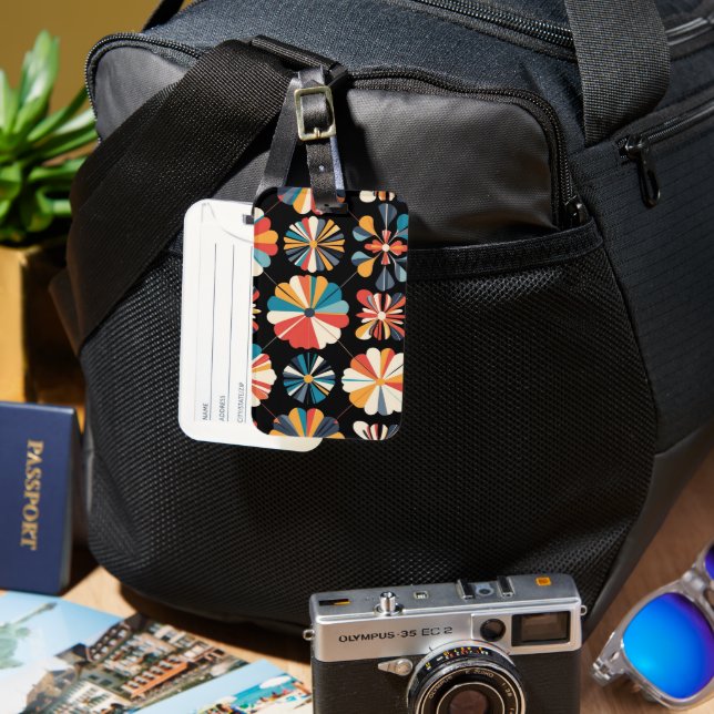 Étiquette À Bagage Retro Black Rainbow geometric Flowers Pattern  (Recto & Verso)