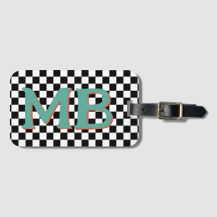 Étiquette À Bagage Retro Checkerboard À damiers Motif Aqua Orange