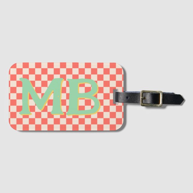 Étiquette À Bagage Retro Checkerboard À damiers Motif Pastel Orange (Devant Horizontal)