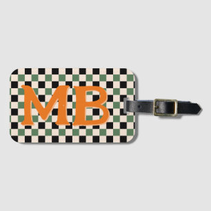 Étiquette À Bagage Retro Checkerboard À damiers Motif Vert Orange