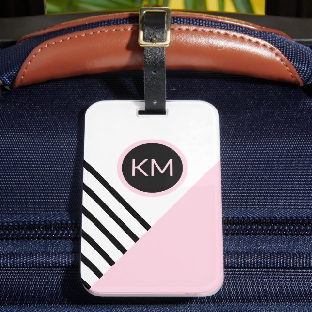 Étiquette À Bagage Retro Chic rose et noir géométrique avec Monogramm (Insitu Rectoal 2)