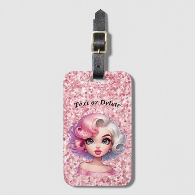 Étiquette À Bagage Retro Glamor Girl Animée mignonne Cartoon Beauté (Devant Vertical)