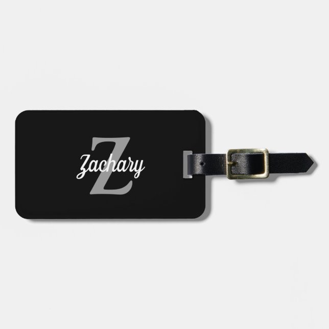 Étiquette À Bagage Retro Monogramme noir gris blanc personnalisé (Devant horizontal)