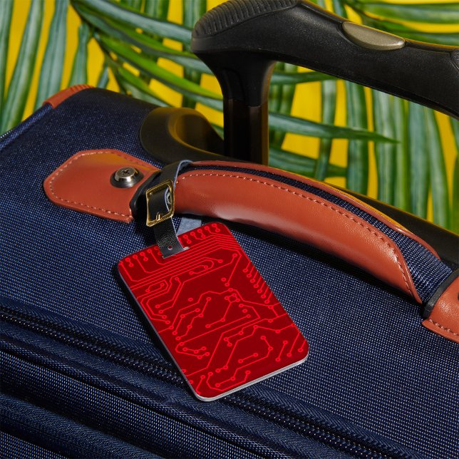 Étiquette À Bagage Retro Red Circuit Board Tech Pattern (Créateur téléchargé)