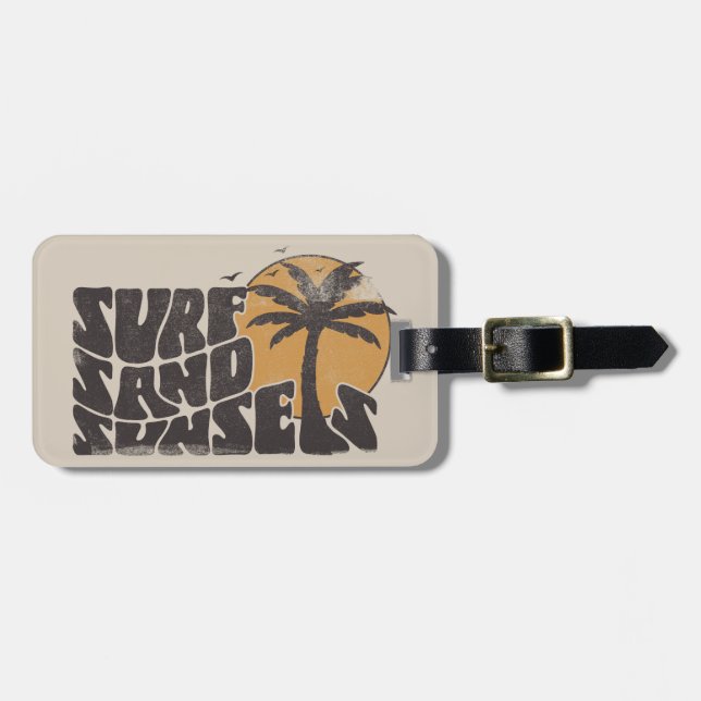 Étiquette À Bagage Retro Surf Sand Sunsets Beach Life Palm Tree (Devant horizontal)