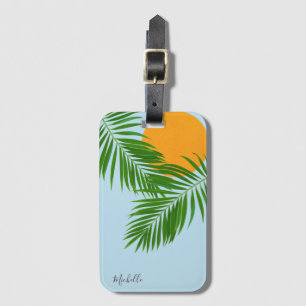 Étiquette À Bagage Retro Tropical Sun Palm Feuille Blue Minimal Nom