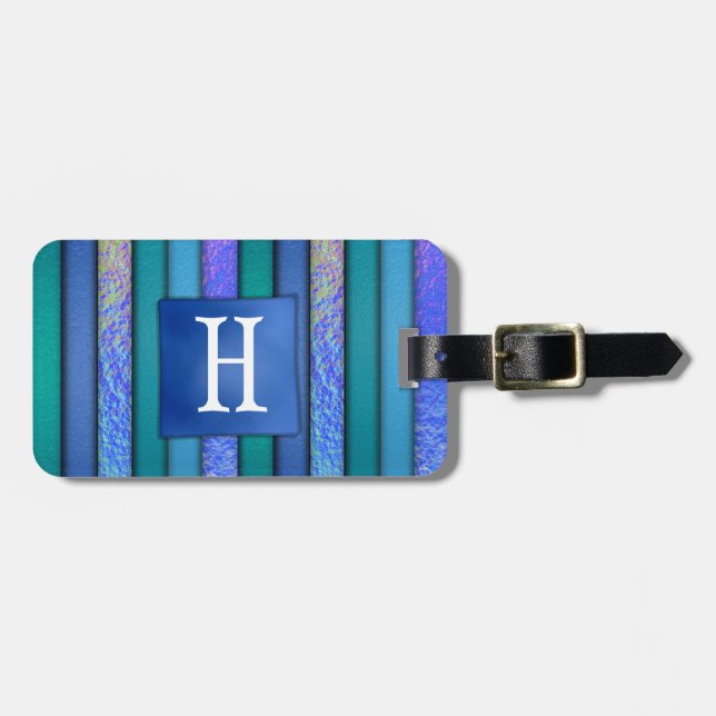 Étiquette À Bagage Revêtement de verre fusionné Art Monogramme Blues (Devant horizontal)