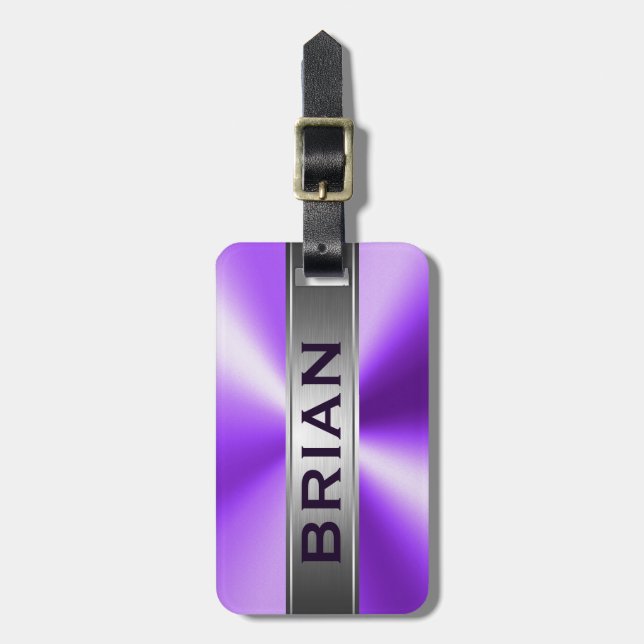 Étiquette À Bagage Revêtement en aluminium brossé métallisé violet et (Devant Vertical)