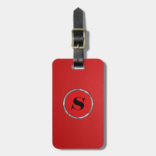 Étiquette À Bagage Revêtement en cuir rouge monogramme (Devant Vertical)
