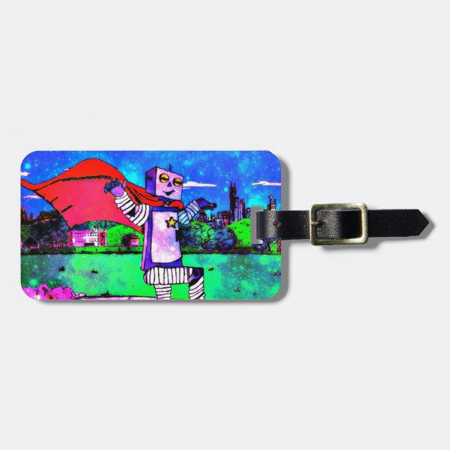 Étiquette À Bagage Robot comique de super héros de style d'espace (Devant horizontal)