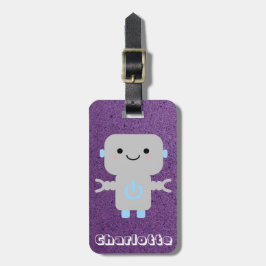 Étiquette À Bagage Robot de dessin mignon violet avec nom