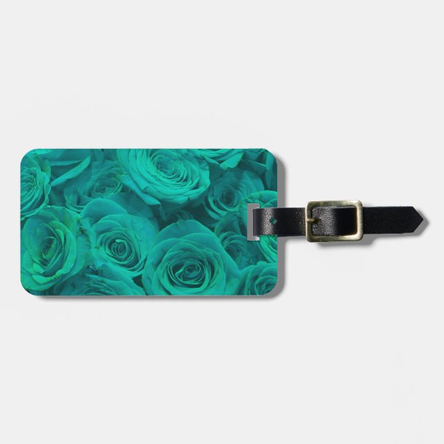 Étiquette À Bagage Romantique élégant turquoise - roses verts (Devant horizontal)
