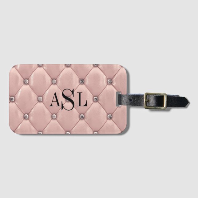 Étiquette À Bagage Rose Blush Monogram Satin Metallic Élégant (Devant Horizontal)