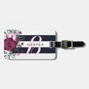 Étiquette À Bagage Rose Bouquet & Navy Strips Nom personnalisé