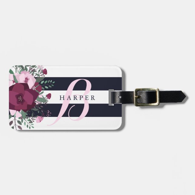 Étiquette À Bagage Rose Bouquet & Navy Strips Nom personnalisé (Devant horizontal)
