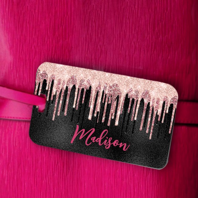 Étiquette À Bagage Rose chic rousse noir goutte à goutte monogramme (Créateur téléchargé)