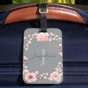 Étiquette À Bagage Rose d'aquarelle Wreath personnalisée   Gray