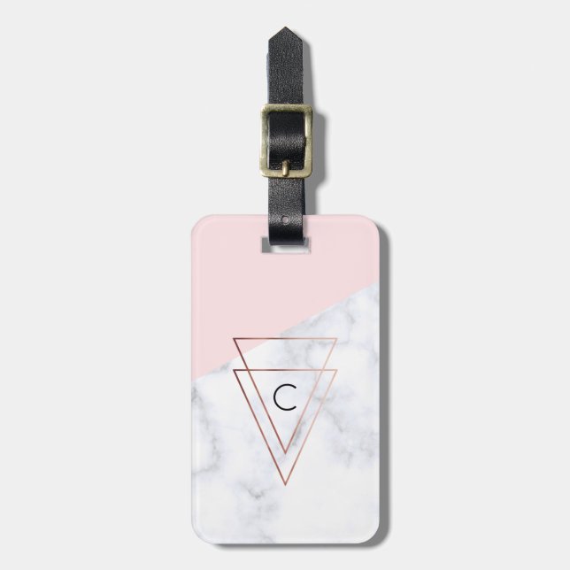Étiquette À Bagage rose de marbre blanc de triangles roses élégantes (Devant Vertical)