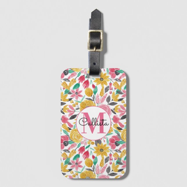 Étiquette À Bagage Rose doré Feuille Aquarelle Monogramme (Devant Vertical)