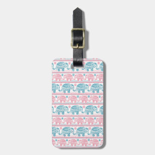 Étiquette À Bagage Rose et motif ethnique turquoise d'éléphant