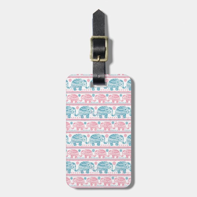 Étiquette À Bagage Rose et motif ethnique turquoise d'éléphant (Devant Vertical)