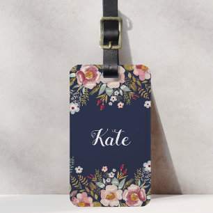 Étiquette À Bagage Rose Fleurie Rose Navy Blue Nom Personnalisé