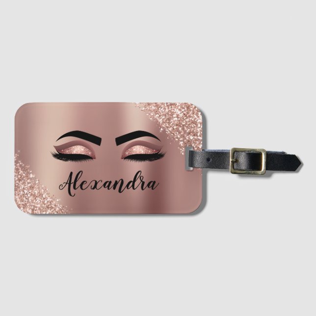 Étiquette À Bagage Rose Gold Blush Pink Monogram Glitter Eyelashes (Devant Horizontal)