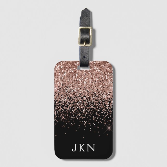 Étiquette À Bagage Rose Gold Blush Rose Noir Paillettes Monogramme (Devant Vertical)