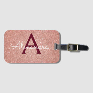 Étiquette À Bagage Rose Gold Burgundy Monogramme Pailletée Rose Clair