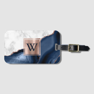 Étiquette À Bagage Rose Gold et Marbre Blanc Agate Bleu Marine Monogr