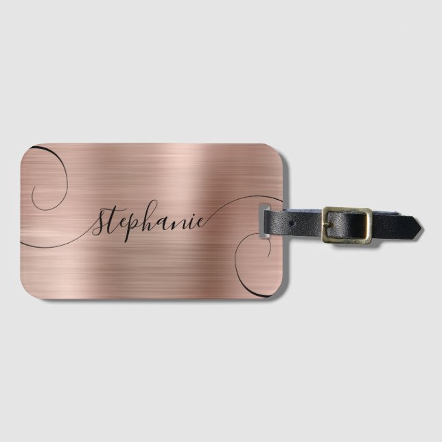 Étiquette À Bagage Rose Gold Foil élégant Script Curly Nom (Devant Horizontal)