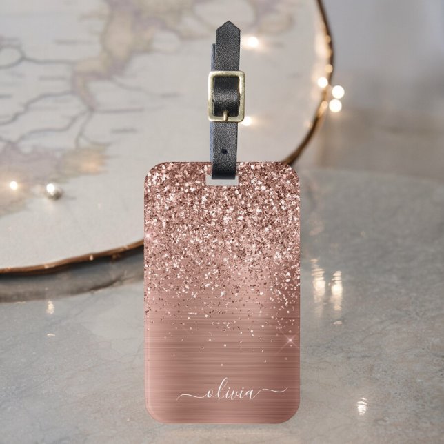 Étiquette À Bagage Rose Gold Métal Brossé Paillettes Rose Clair Monog (Créateur téléchargé)