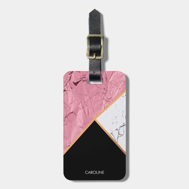 Étiquette À Bagage Rose Gold Noir et Motif Marbre blanc (Devant Vertical)