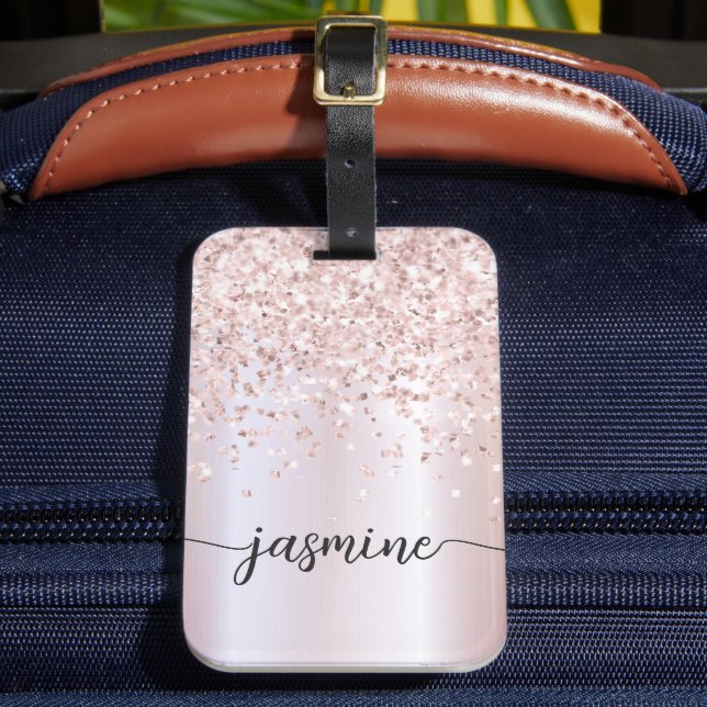 Étiquette À Bagage Rose Gold Pailleté Monogramme Nom Script Féminin (Insitu Rectoal 2)