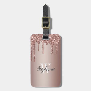 Étiquette À Bagage Rose Gold Paillettes Monogramme Vertical