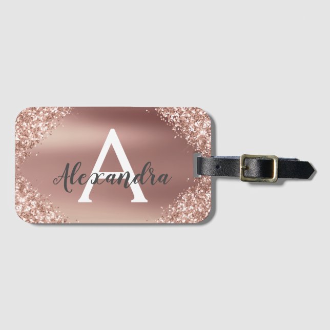 Étiquette À Bagage Rose Gold Parties scintillant Métal Monogramme Nom (Devant Horizontal)