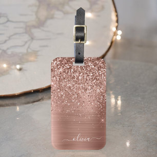 Étiquette À Bagage Rose Gold Rose Glitter Monogrammé Métal Brossé