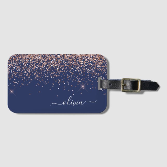 Étiquette À Bagage Rose Gold Rose Glitter Monogramme Rose Navy Bleu (Devant Horizontal)