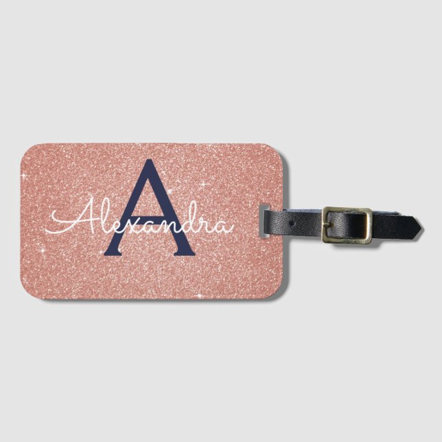 Étiquette À Bagage Rose Gold Rose Navy Blue Paillettes Monogramme (Devant Horizontal)