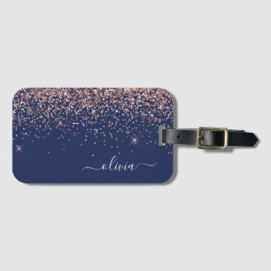 Étiquette À Bagage Rose Gold Rose Pâle Paillettes Navy Monogram