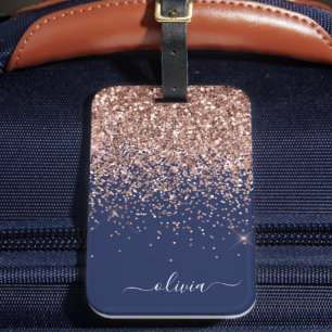 Étiquette À Bagage Rose Gold Rose Pâle Paillettes Navy Monogramme