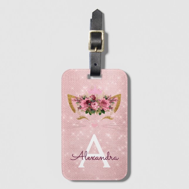 Étiquette À Bagage Rose Kitty Sparkle Princess Monogramme Nom (Devant Vertical)